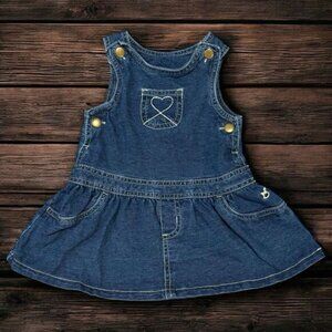 Faded Glory Baby Girl Denim Jumper Dress 6-9M Organic Cotton Heart Pocket Retro